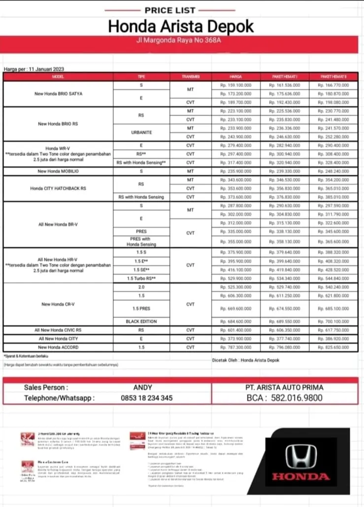 Price list Honda