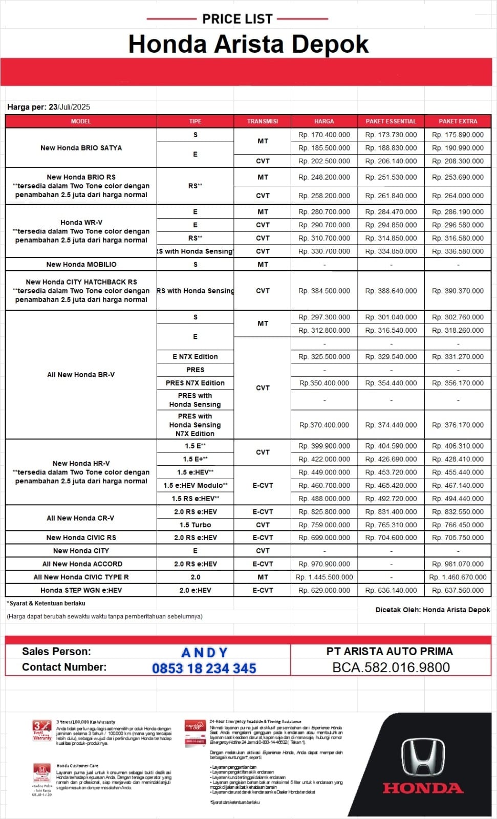 Price list Honda